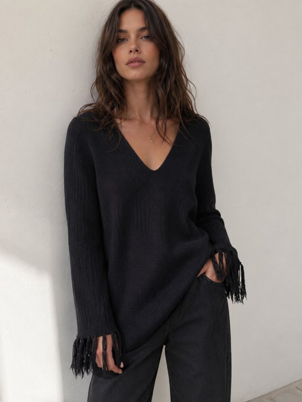 New✨Zara Textured Knit Fringe Sleeve Tunic Sweater Blogger Fav